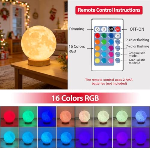 2 Pack 3D Moon Lamp LED Night Light, Remote Control 16-Colorful RGB, Globe Cute Lamp Bedroom Home Office Decor, Romantic Table Lamp Gifts for Christmas Birthday Girls Boys Women